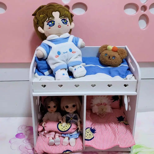 Mini Doll Furniture Bedroom Doll Play House Double Bed Wooden Fabric Bed OB11 BJD Doll Bed