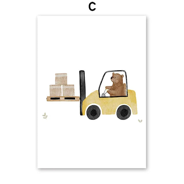 Nursery Wall Art Children's Prints Cartoon Bear Forklift Excavator Car Mud Truck Poster For Kids Room Baby Decor Canvas Painting