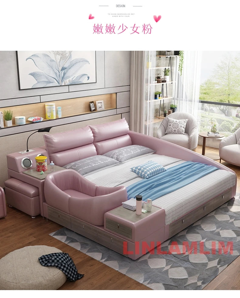 King Size Upholstered Family Bed with Integrated Baby Crib, Drawers, Modern Multifunctional Genuine Leather Platform Bed Frame