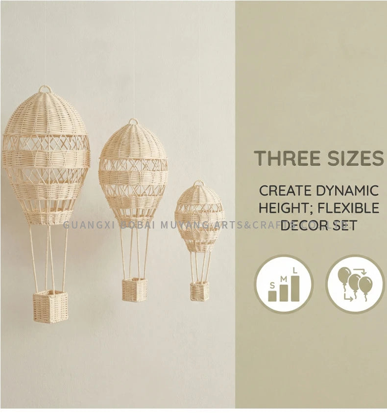 Rattan Hot Air Balloon Wall Decor Hand Woven Photo Props Kids Room Kindergarten Nursery Hanging Wall Decor Ornament