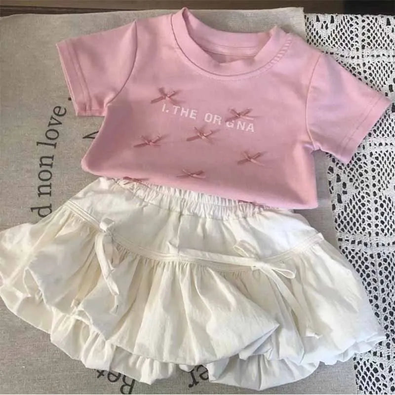 Baby Clothes Set Girls Bow Blouse Suit Children Sweet Top Bud Skirt 2 Pieces Summer New Fashion Short-Sleeved T-Shirt Outfit