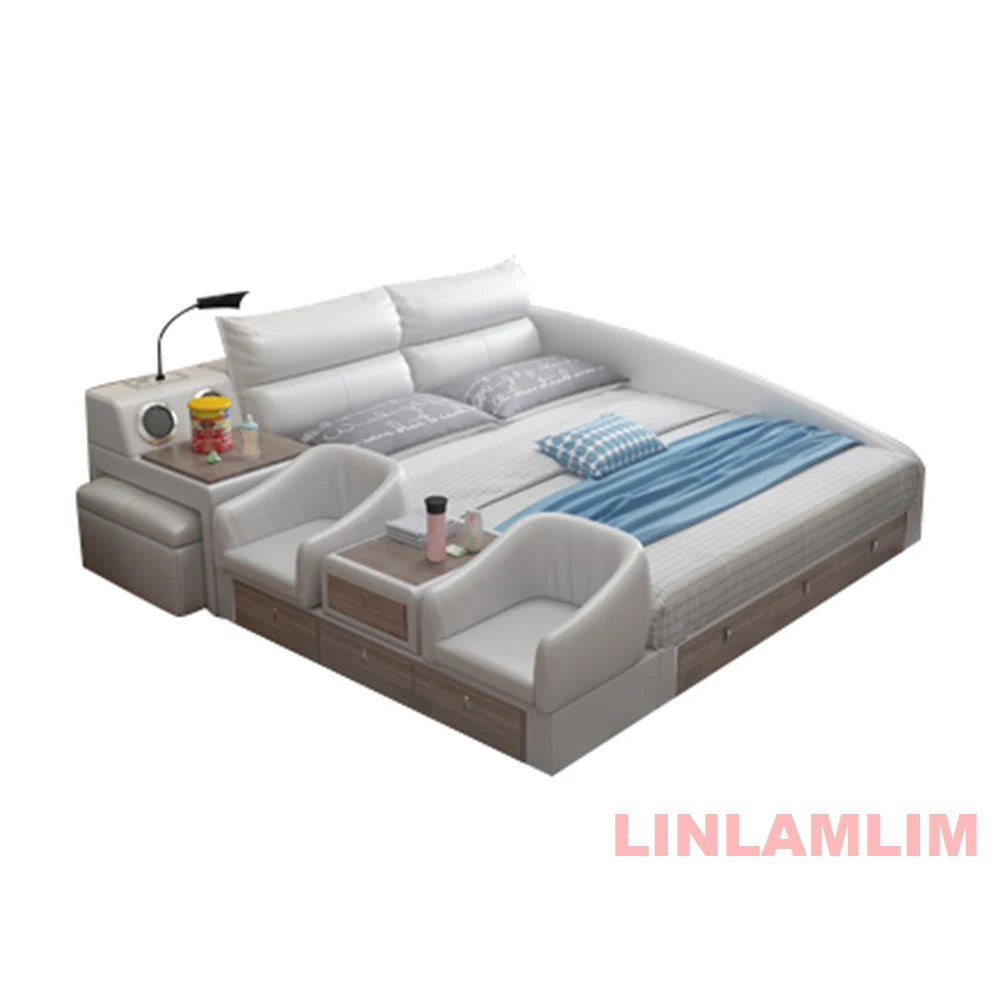 King Size Upholstered Family Bed with Integrated Baby Crib, Drawers, Modern Multifunctional Genuine Leather Platform Bed Frame
