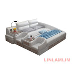 King Size Upholstered Family Bed with Integrated Baby Crib, Drawers, Modern Multifunctional Genuine Leather Platform Bed Frame