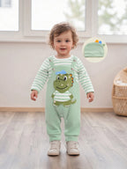 Cute Infant Newborn Baby Boys 3Pcs Outfit Cute Baby Clothes Long Sleeve Striped Romper Animal Embroidery Overalls Hat Clothes