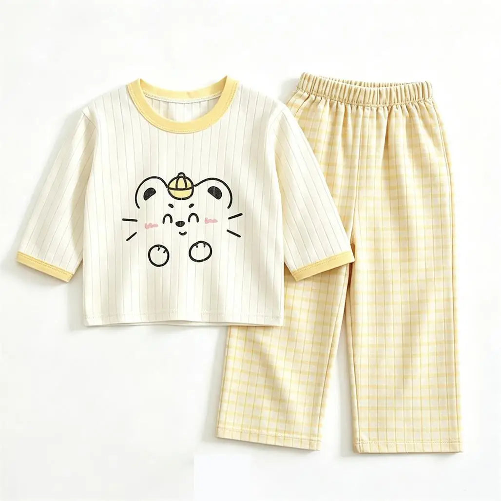 Cute Home Clothes For Baby Boys Girls Long-sleeved Suits Cartoon Tops Solid Color Pants Toddler New Casual Loose Sleepwear
