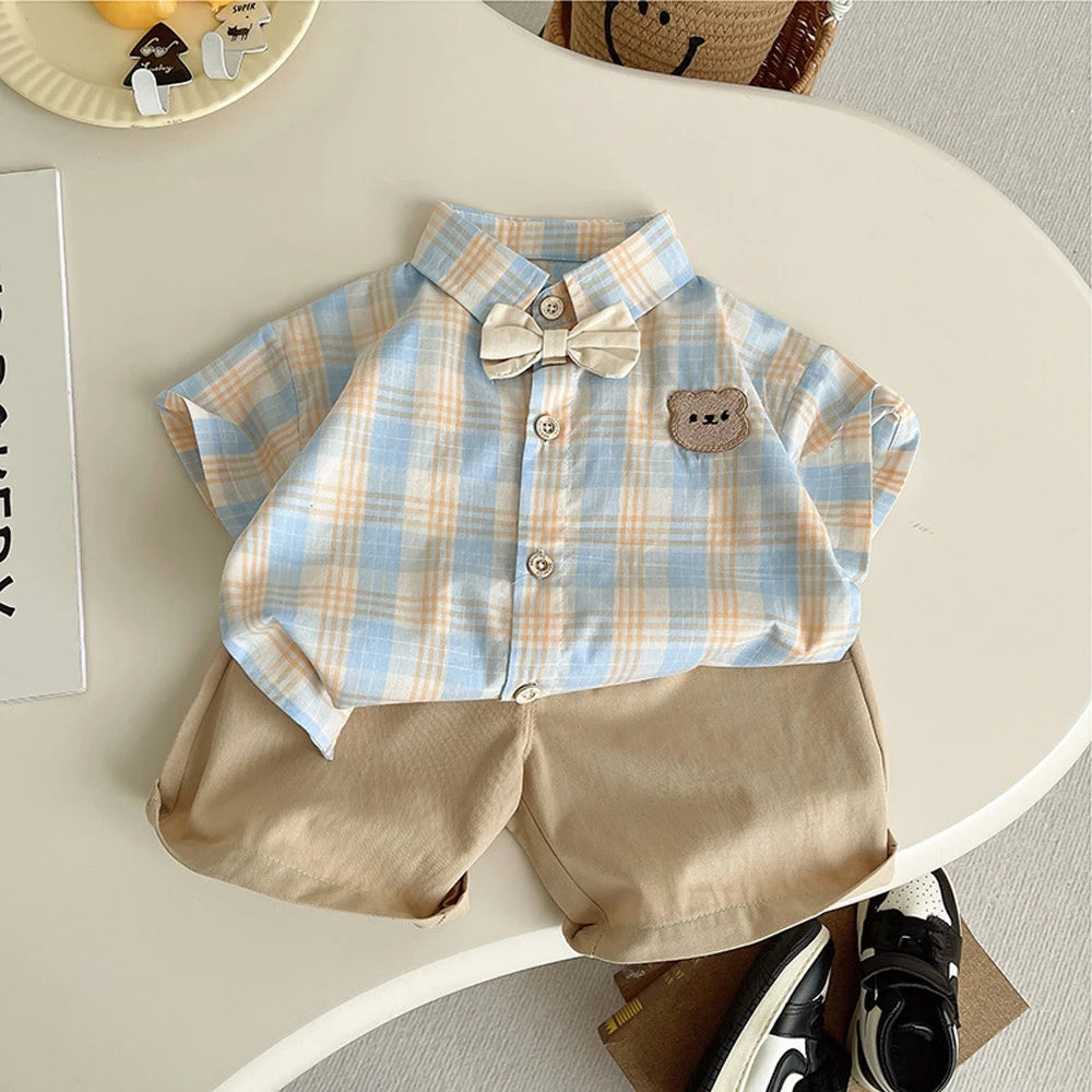 Summer baby boys clothes outfits sets bow tie check shirt shorts suits for infant boys clothing 1 year birthday gentleman sets