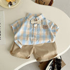 Summer baby boys clothes outfits sets bow tie check shirt shorts suits for infant boys clothing 1 year birthday gentleman sets