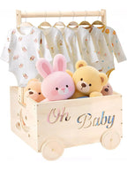 Wooden Baby Shower Crate Closet with Wheels Creative DIY Baby Shower Present Basket with 6 Hangers for Clothes Toys New Mum Gift