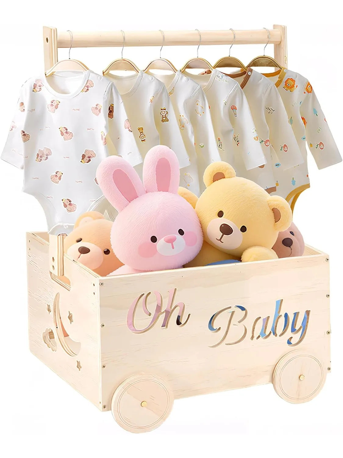 Wooden Baby Shower Crate Closet with Wheels Creative DIY Baby Shower Present Basket with 6 Hangers for Clothes Toys New Mum Gift
