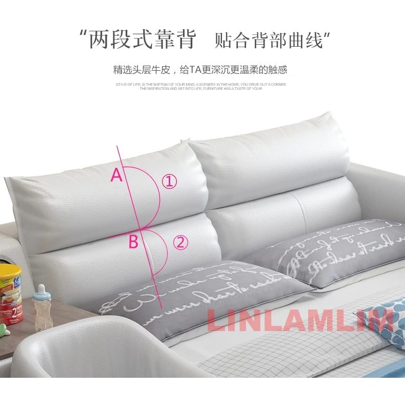 King Size Upholstered Family Bed with Integrated Baby Crib, Drawers, Modern Multifunctional Genuine Leather Platform Bed Frame