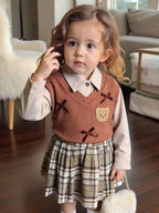 6 9 12 18 24 36 Months Baby Girls Clothing Sets Cute Style Knit Vest + Shirt + Plaid Pleated Skirt 3pcs Baby Suits Kids Clothes