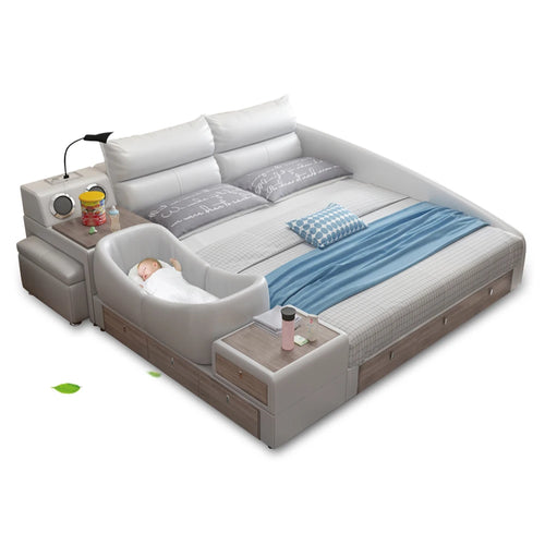 King Size Upholstered Family Bed with Integrated Baby Crib, Drawers, Modern Multifunctional Genuine Leather Platform Bed Frame