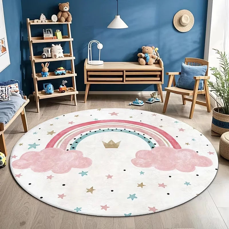 Pastel Dot Rainbow Curve Round Rug Floor Mat Nursery Bedroom Kids Play and Reading Corner Indoor Decor Circle Carpet