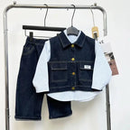 Baby boy clothes spring autumn fashion ripped denim suit letter denim jacket hooded vest + bottoming shirt + pants 3-piece set