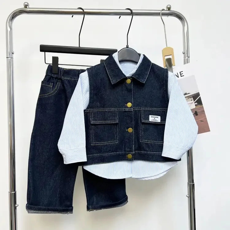 Baby boy clothes spring autumn fashion ripped denim suit letter denim jacket hooded vest + bottoming shirt + pants 3-piece set