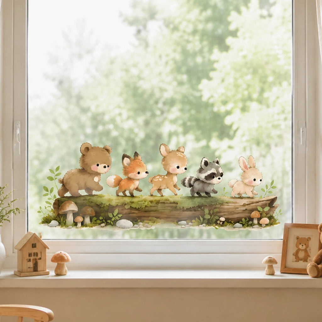 Nursery Forest Animals Window Sticker Removable Static Cling Glass Film for Baby Room Bedroom Playroom Cute Cartoon Home Decor
