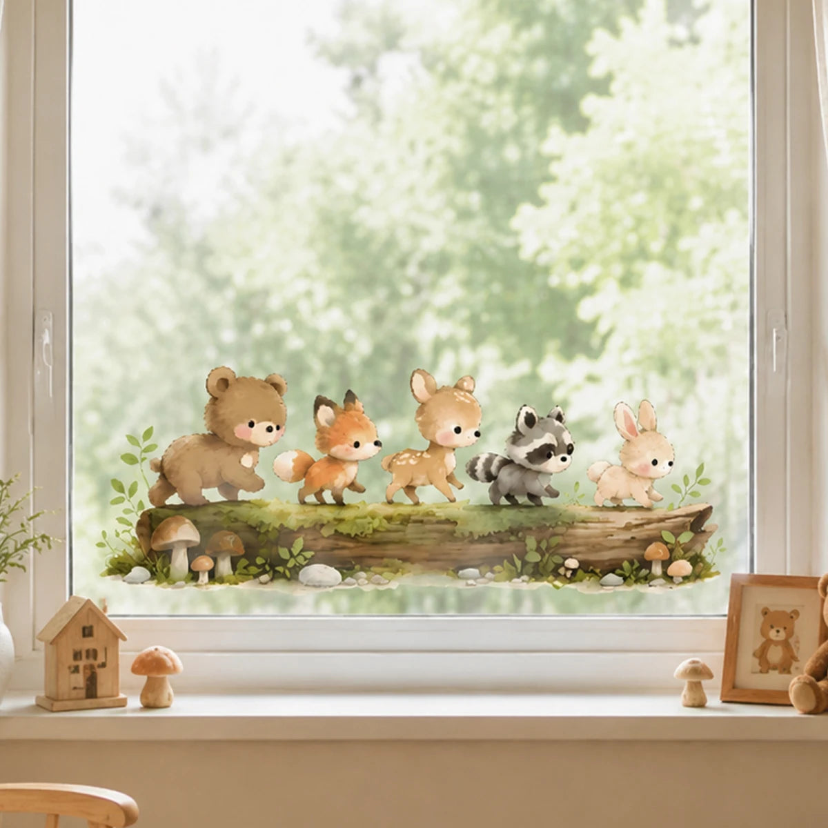 Nursery Forest Animals Window Sticker Removable Static Cling Glass Film for Baby Room Bedroom Playroom Cute Cartoon Home Decor