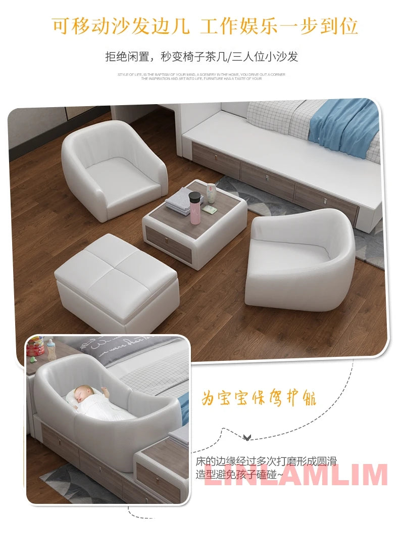 King Size Upholstered Family Bed with Integrated Baby Crib, Drawers, Modern Multifunctional Genuine Leather Platform Bed Frame