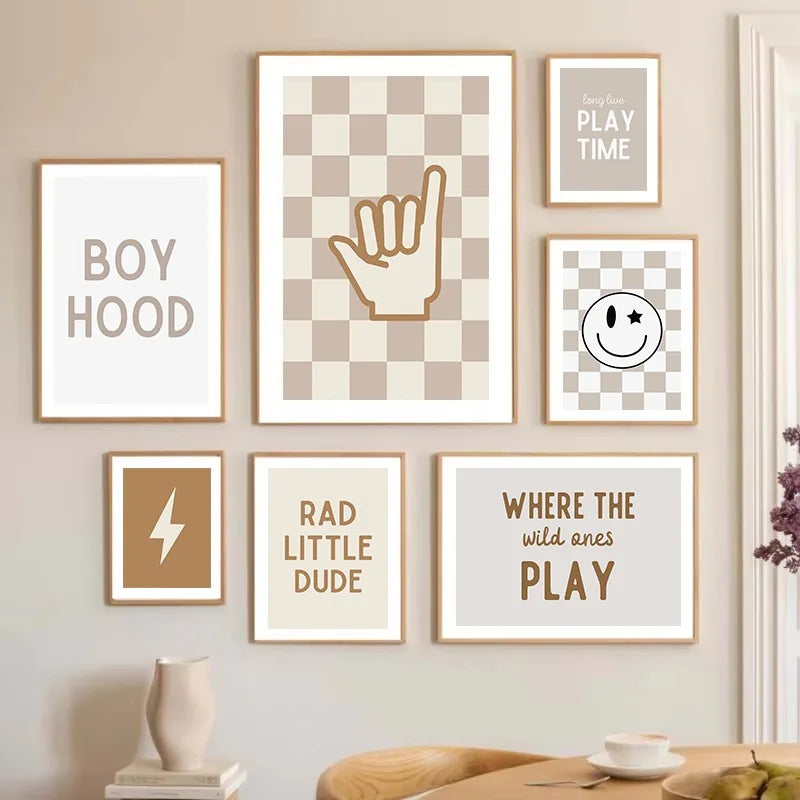 Neutral Nursery Wall Art Checkered Toddler Poster for Baby Boys Room Decor with Surfer Shaka Sign Lightning Bolt Kids Design