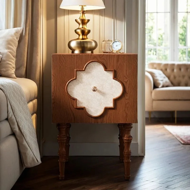 High-end Luxury Antique Bedside Table Ash Wood Artistic Four-leaf Clover Sofa Side Cabinet Bedroom Bedside Cabinet