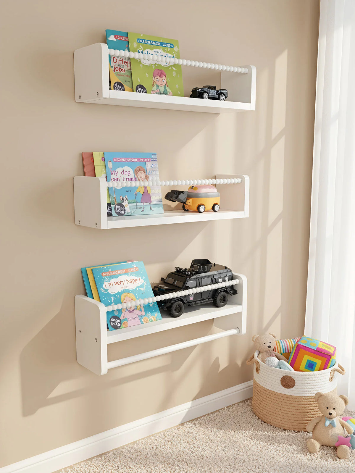 Nursery Book Shelves ,15.7 Inch Wood Floating Bookshelves for Wall Set of 3, Baby Kids Decor, Solid Wood Wall Mounted Shelves