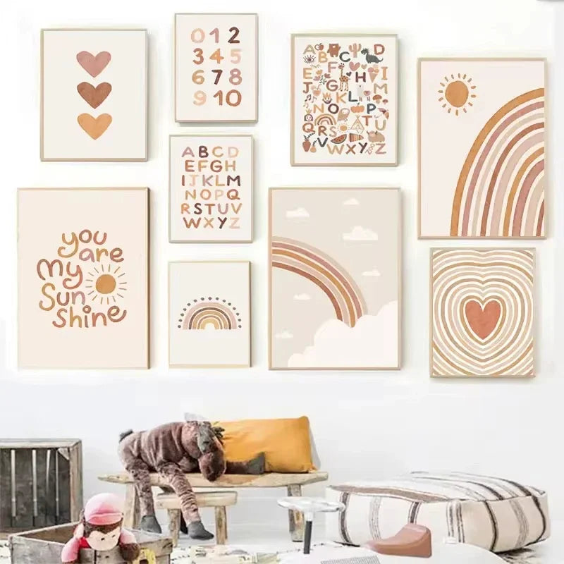 Nursery Wall Posters Sun Rainbow Canvas Painting Alphabet Print Number Poster Nordic Wall Art Pictures for Kids Room Decorati