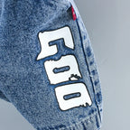 Baby boy clothes spring autumn fashion ripped denim suit letter denim jacket hooded vest + bottoming shirt + pants 3-piece set