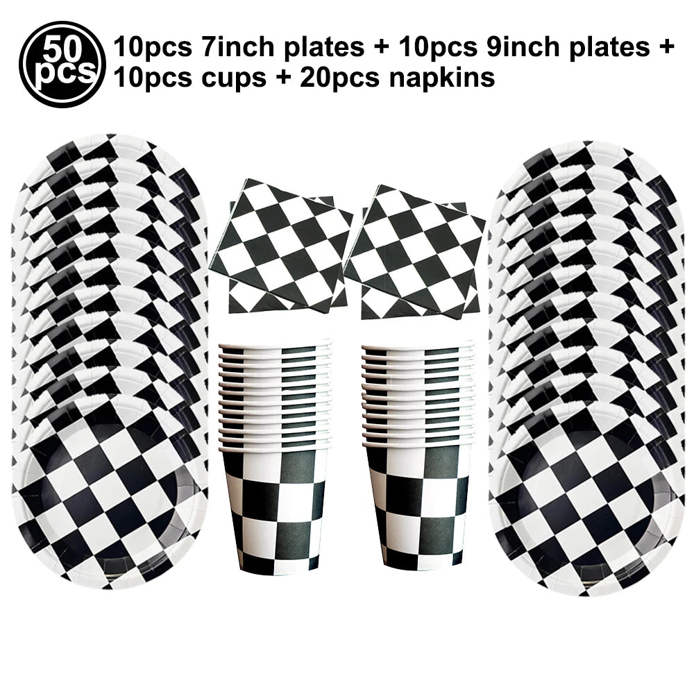 Racing Car Theme Disposable Tablecloth Red Black White Checkered Pattern Boys Kids Birthday Party Decoration Supplies Gifts ﻿