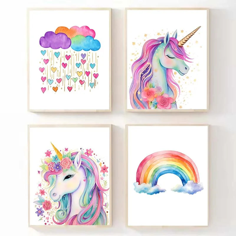 Pink Cartoon Cute Unicorn Nursery Girl Room Rainbow Art Poster Canvas Painting Wall Prints Picture Children Room Home Decor