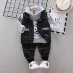 Baby boy clothes spring autumn fashion ripped denim suit letter denim jacket hooded vest + bottoming shirt + pants 3-piece set