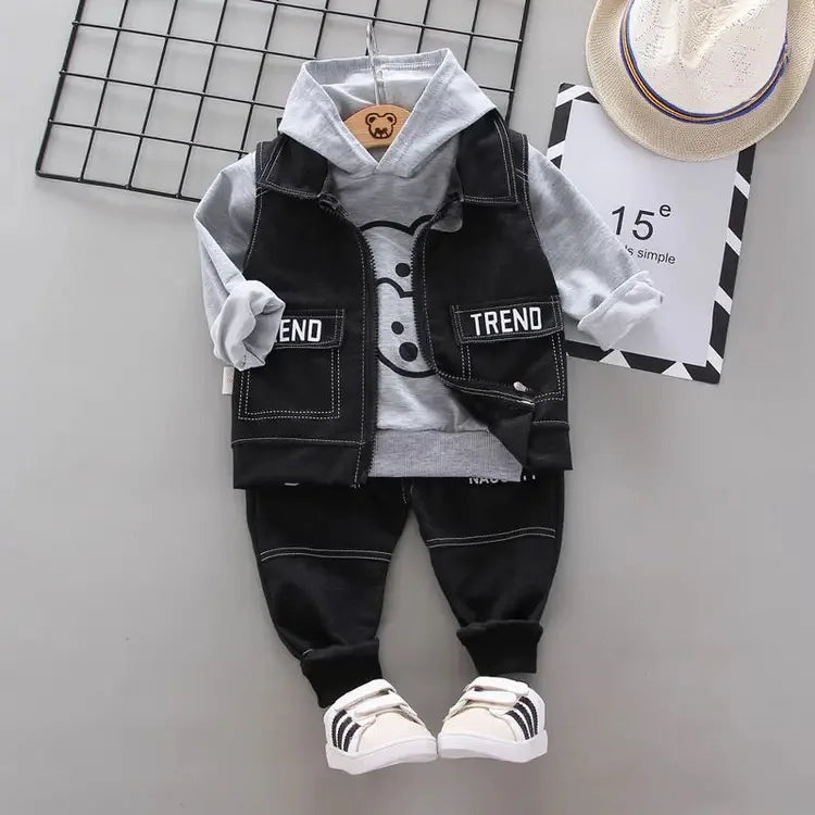 Baby boy clothes spring autumn fashion ripped denim suit letter denim jacket hooded vest + bottoming shirt + pants 3-piece set