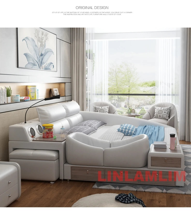 King Size Upholstered Family Bed with Integrated Baby Crib, Drawers, Modern Multifunctional Genuine Leather Platform Bed Frame