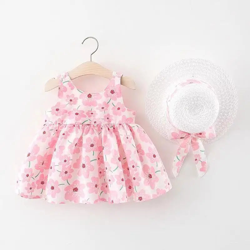 0-3-Year-Old Baby Clothes Summer Seaside Vacation Children's Dress Floral Sleeveless Bow Girl Princess Dress+Hat