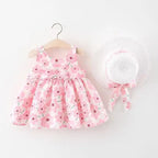 0-3-Year-Old Baby Clothes Summer Seaside Vacation Children's Dress Floral Sleeveless Bow Girl Princess Dress+Hat