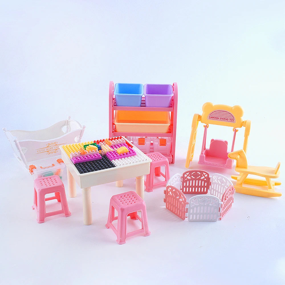 Miniature DIY Block Set Dollhouse Furniture Baby Crilb Rocking Horse Mini Building Blocks Storage Rack Play House Toy