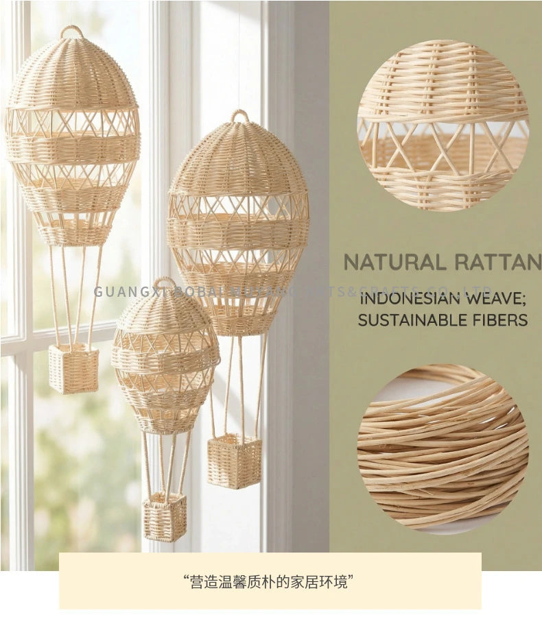 Rattan Hot Air Balloon Wall Decor Hand Woven Photo Props Kids Room Kindergarten Nursery Hanging Wall Decor Ornament