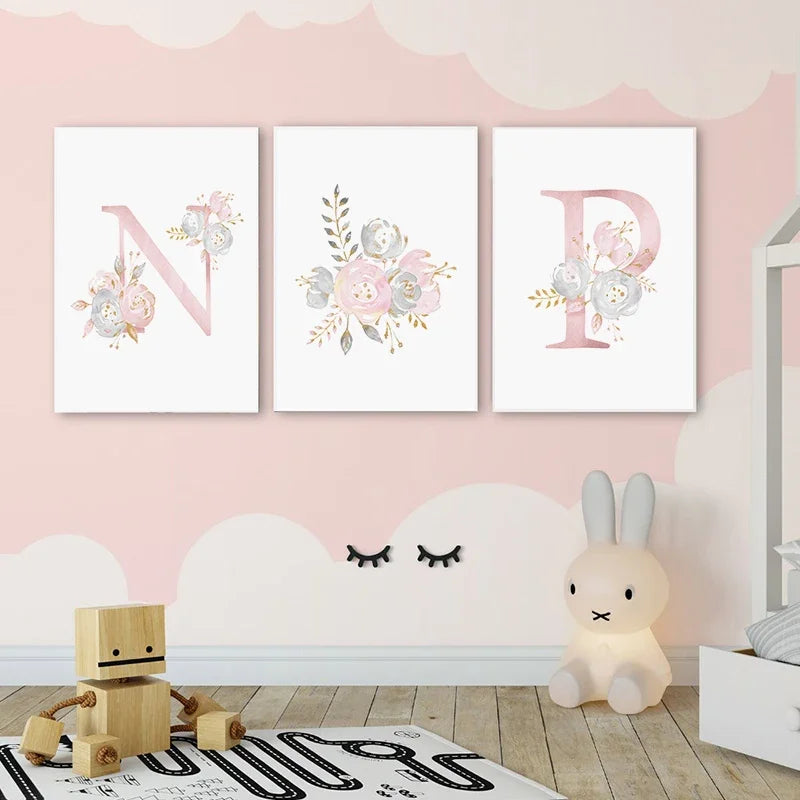 Baby Decoration Bedroom Child Posters Girl's Room Prints Nursery Pink Flower Wall Art Canvas Painting Pictures kids Room Decor