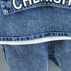 Baby boy clothes spring autumn fashion ripped denim suit letter denim jacket hooded vest + bottoming shirt + pants 3-piece set