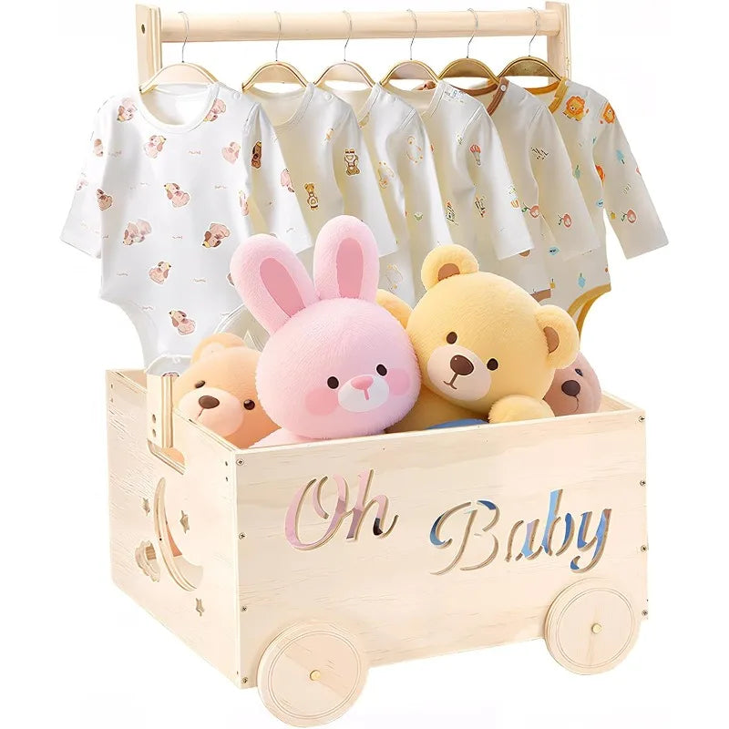 Wooden Baby Shower Crate Closet with Wheels Creative DIY Baby Shower Present Basket with 6 Hangers for Clothes Toys New Mum Gift