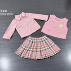 6 9 12 18 24 36 Months Baby Girls Clothing Sets Cute Style Knit Vest + Shirt + Plaid Pleated Skirt 3pcs Baby Suits Kids Clothes