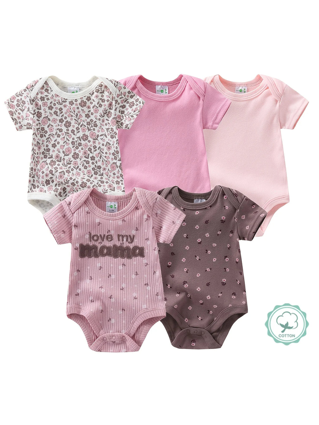 5pcs Baby Girl Short Sleeve Jumpsuit, Cotton
