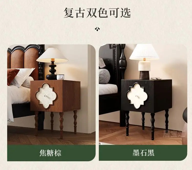 High-end Luxury Antique Bedside Table Ash Wood Artistic Four-leaf Clover Sofa Side Cabinet Bedroom Bedside Cabinet