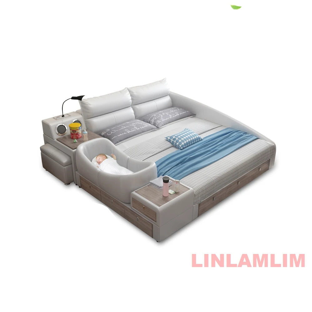 King Size Upholstered Family Bed with Integrated Baby Crib, Drawers, Modern Multifunctional Genuine Leather Platform Bed Frame