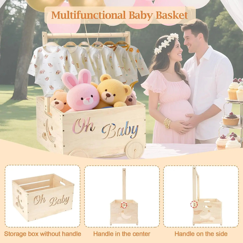 Wooden Baby Shower Crate Closet with Wheels Creative DIY Baby Shower Present Basket with 6 Hangers for Clothes Toys New Mum Gift
