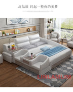 King Size Upholstered Family Bed with Integrated Baby Crib, Drawers, Modern Multifunctional Genuine Leather Platform Bed Frame