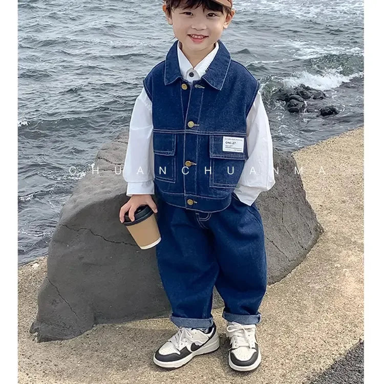 Baby boy clothes spring autumn fashion ripped denim suit letter denim jacket hooded vest + bottoming shirt + pants 3-piece set