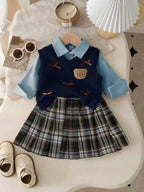 6 9 12 18 24 36 Months Baby Girls Clothing Sets Cute Style Knit Vest + Shirt + Plaid Pleated Skirt 3pcs Baby Suits Kids Clothes