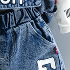 Baby boy clothes spring autumn fashion ripped denim suit letter denim jacket hooded vest + bottoming shirt + pants 3-piece set