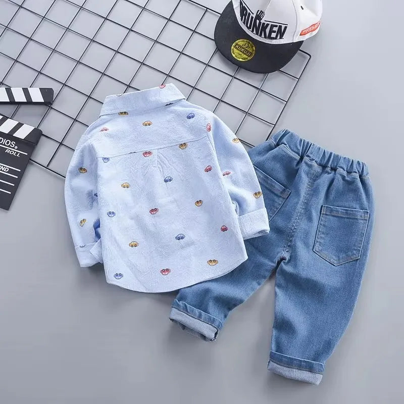 Infant Boys Daily Two Piece Clothes Set Adorable Car Print Long Sleeve Collared Shirt Elastic Waist Blue Denim Pants Suit