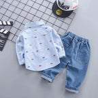 Infant Boys Daily Two Piece Clothes Set Adorable Car Print Long Sleeve Collared Shirt Elastic Waist Blue Denim Pants Suit
